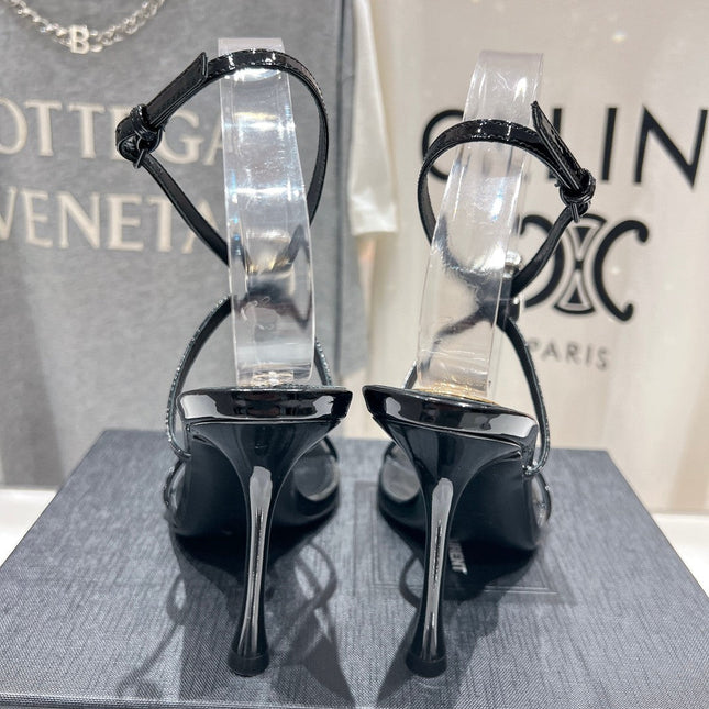 HIGH HEEL SANDALS IN BLACK GLOSSY CALFSKIN WTH STRAPS ATTACHED GEM