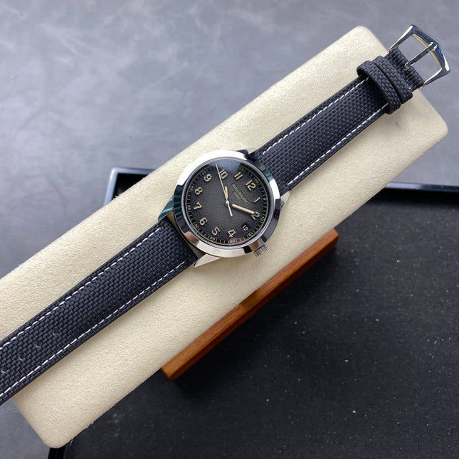 CALATRAVA WHITE GOLD CASE BLACK CALFSKIN EMBOSSED WITH FABRIC PATTERN
