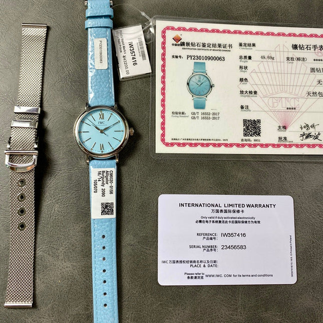 PORTOFINO AUTOMATIC 34 WATCH SILVER CASE WITH SAPPHIRE BLUE LEATHER STRAP AND DIAL
