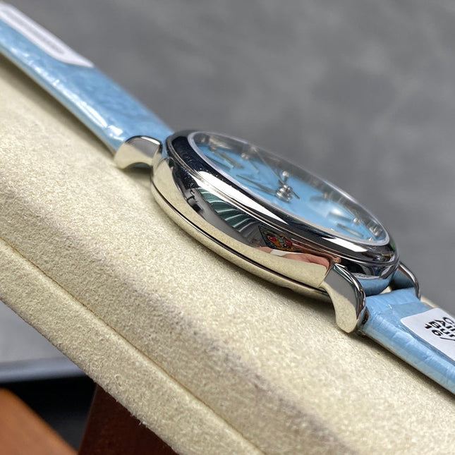 PORTOFINO AUTOMATIC 34 WATCH SILVER CASE WITH SAPPHIRE BLUE LEATHER STRAP AND DIAL