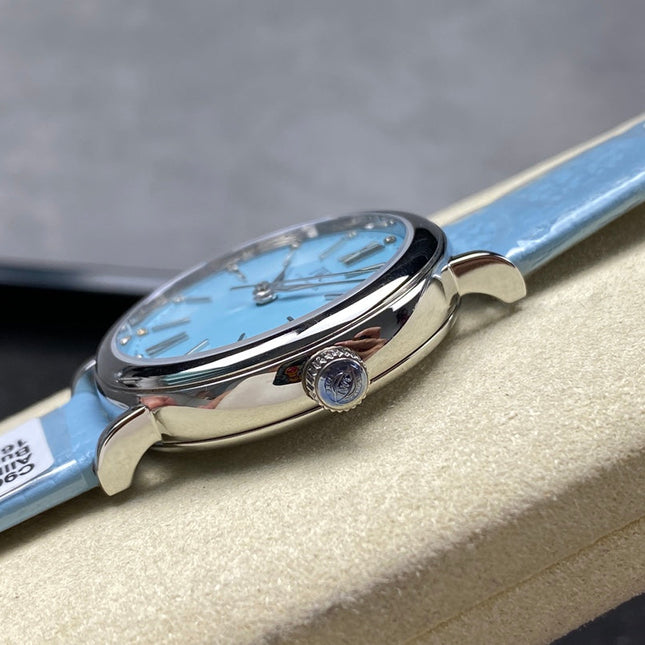 PORTOFINO AUTOMATIC 34 WATCH SILVER CASE WITH SAPPHIRE BLUE LEATHER STRAP AND DIAL