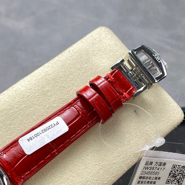 PORTOFINO AUTOMATIC 34 WATCH SILVER CASE WITH RUBY RED LEATHER STRAP