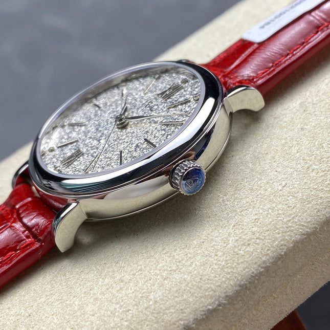 PORTOFINO AUTOMATIC 34 WATCH SILVER CASE WITH RUBY RED LEATHER STRAP