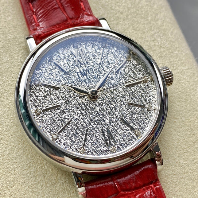 PORTOFINO AUTOMATIC 34 WATCH SILVER CASE WITH RUBY RED LEATHER STRAP
