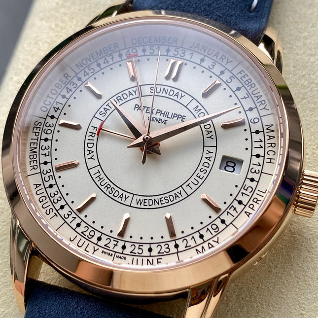 CALATRAVA ROSE GOLD CASE BLUE SUEDE STRAP