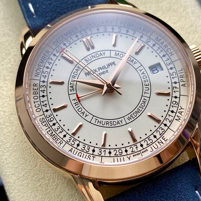 CALATRAVA ROSE GOLD CASE BLUE SUEDE STRAP