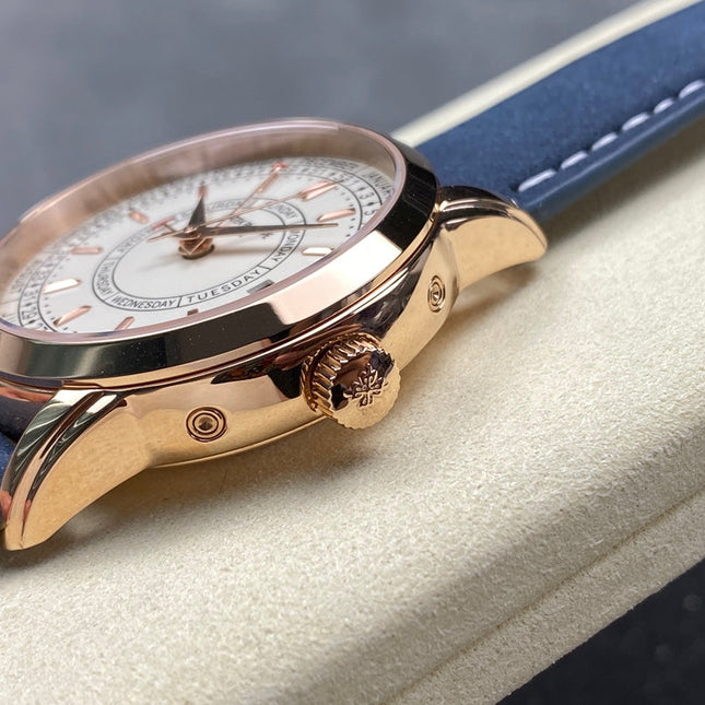 CALATRAVA ROSE GOLD CASE BLUE SUEDE STRAP