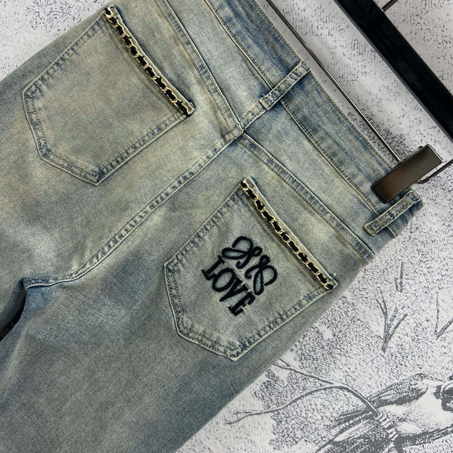 Joewe 25 Chain-decorated Jeans Blue Cotton Fabric