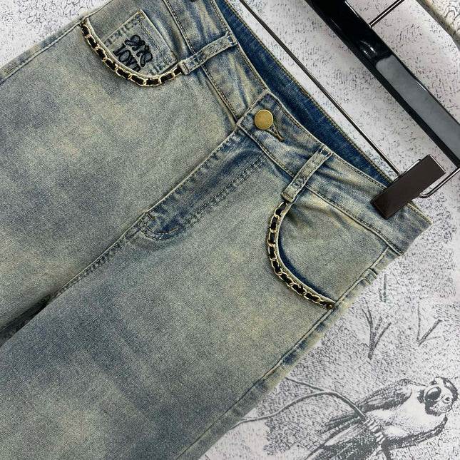 Joewe 25 Chain-decorated Jeans Blue Cotton Fabric