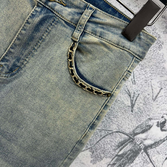 Joewe 25 Chain-decorated Jeans Blue Cotton Fabric