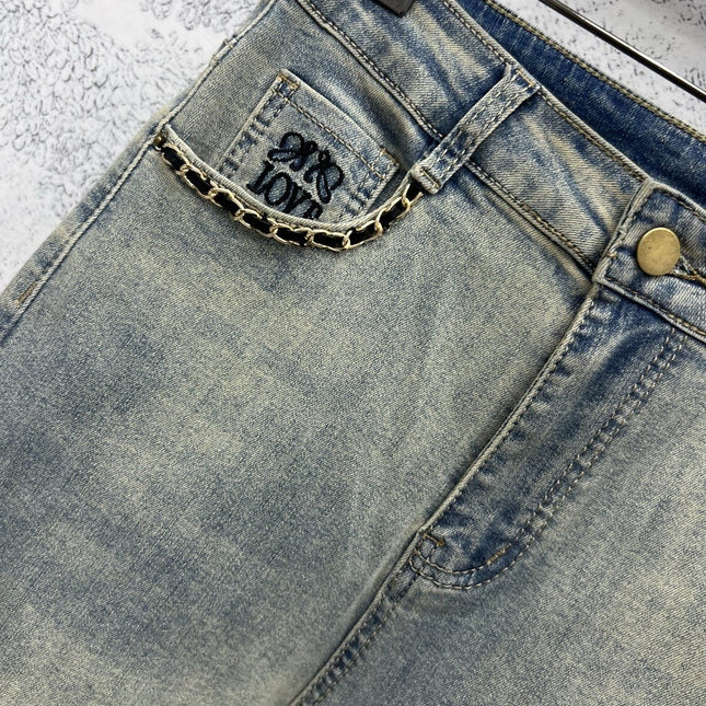 Joewe 25 Chain-decorated Jeans Blue Cotton Fabric