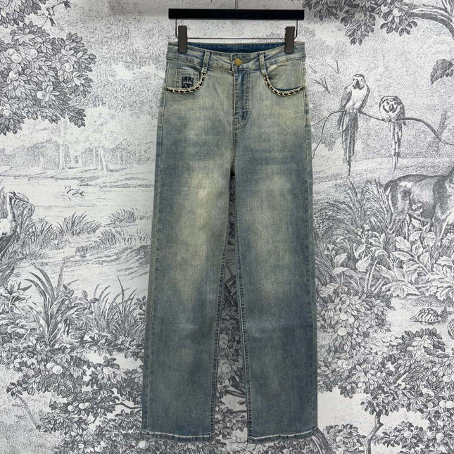 Joewe 25 Chain-decorated Jeans Blue Cotton Fabric