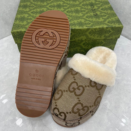 GG MULE IN PEANUT BROWN MONOGRAM JACQUARD FABRIC AND RABBIT FUR LINING