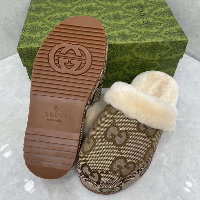GG MULE IN PEANUT BROWN MONOGRAM JACQUARD FABRIC AND RABBIT FUR LINING