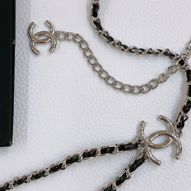 CHAIN BELT IN SILVER METAL INTERWOVEN WITH CALFSKIN STRAPS
