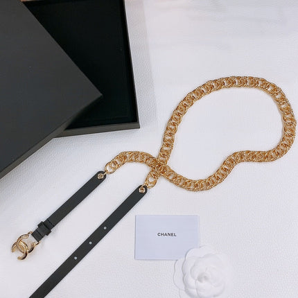 TWISTED GOLD CHAIN BELT IN GOLD METAL BLACK CALFSKIN GOLD BUCKLE