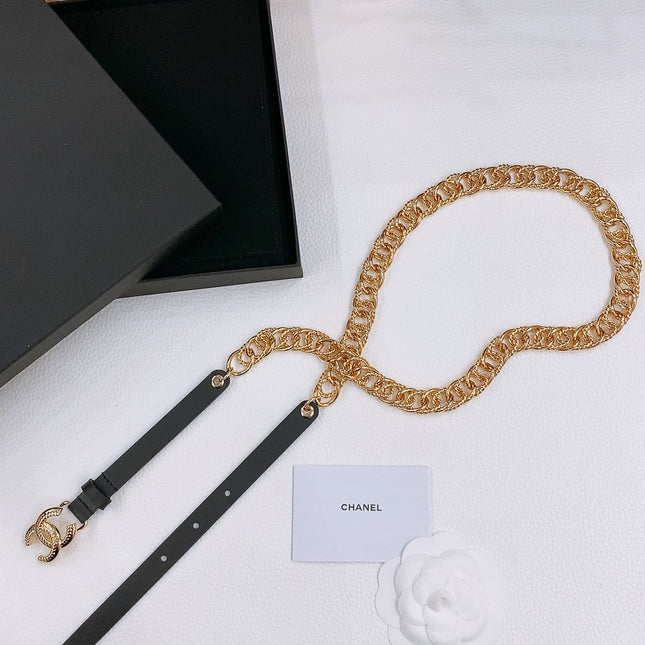 TWISTED GOLD CHAIN BELT IN GOLD METAL BLACK CALFSKIN GOLD BUCKLE
