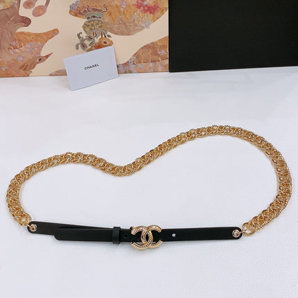 TWISTED GOLD CHAIN BELT IN GOLD METAL BLACK CALFSKIN GOLD BUCKLE