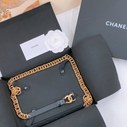 TWISTED GOLD CHAIN BELT IN GOLD METAL BLACK CALFSKIN GOLD BUCKLE