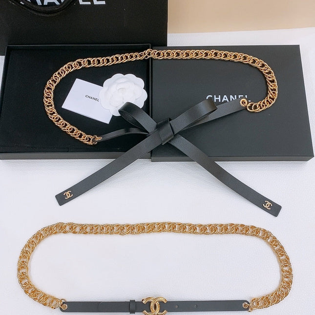 RIBBED BOW WAIST CHAIN IN GOLD TONE BRASS AND BLACK LAMBSKIN