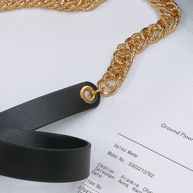 RIBBED BOW WAIST CHAIN IN GOLD TONE BRASS AND BLACK LAMBSKIN