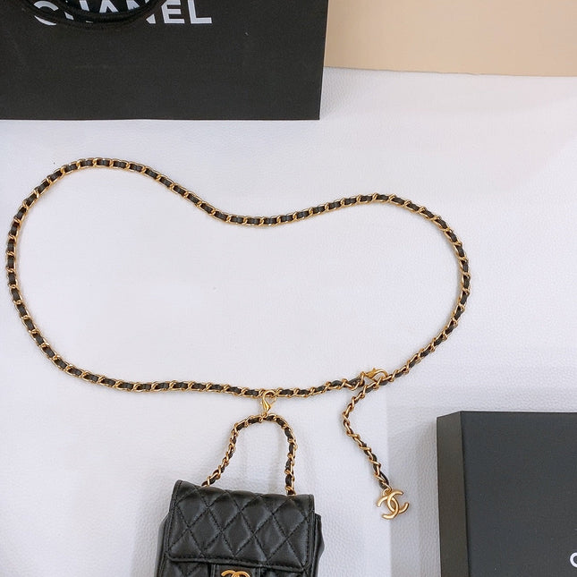 CHAIN BELT WITH GOLD METAL BLACK CALFSKIN INTERLINKING STRAPS AND MINI BAG