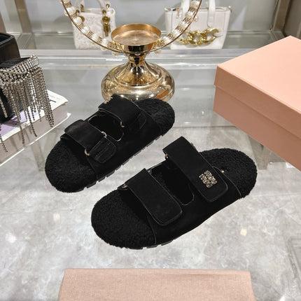 SANDAL SLIDES IN BLACK SUEDE AND SHEARLING LINING