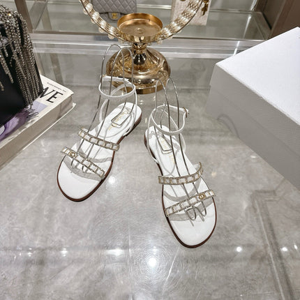 FLAT SANDALS 25S IN WHITE CALFSKIN RHINESTONES STRAP
