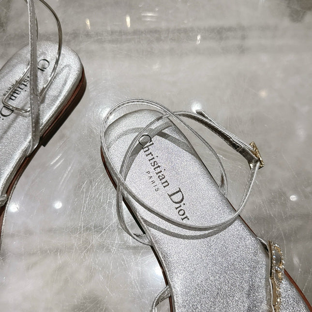 FLAT SANDALS 25S IN SILVER CALFSKIN RHINESTONES STRAP