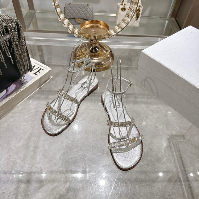FLAT SANDALS 25S IN SILVER CALFSKIN RHINESTONES STRAP