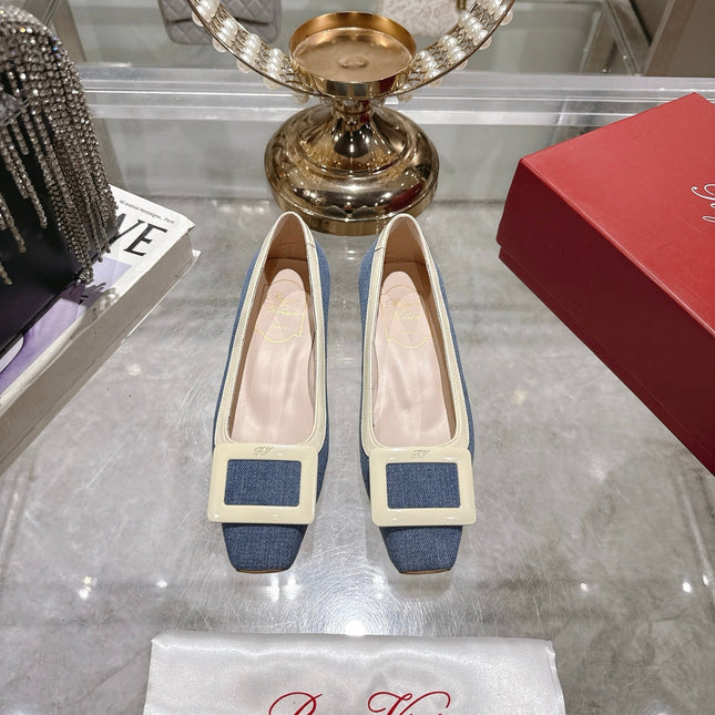 ROGER VIVIER 25S TROMPETTE BALLERINAS 25MM IN BLUE DENIM
