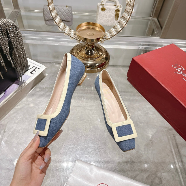 ROGER VIVIER 25S TROMPETTE BALLERINAS 25MM IN BLUE DENIM