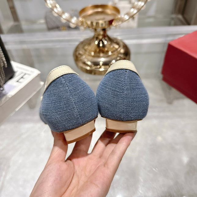 ROGER VIVIER 25S TROMPETTE BALLERINAS 25MM IN BLUE DENIM