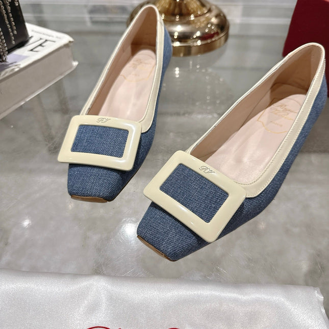 ROGER VIVIER 25S TROMPETTE BALLERINAS 25MM IN BLUE DENIM