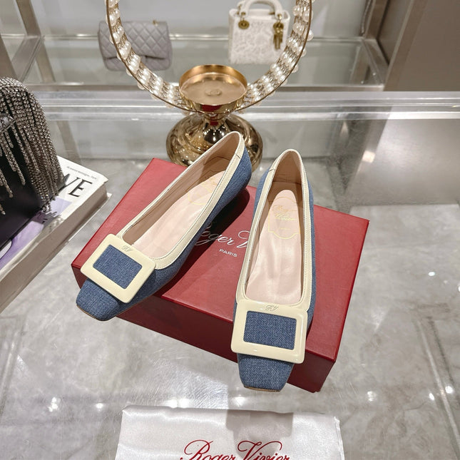 ROGER VIVIER 25S TROMPETTE BALLERINAS 25MM IN BLUE DENIM