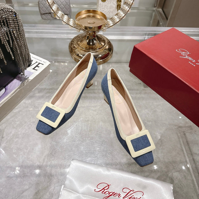 ROGER VIVIER 25S TROMPETTE BALLERINAS 45MM IN BLUE DENIM