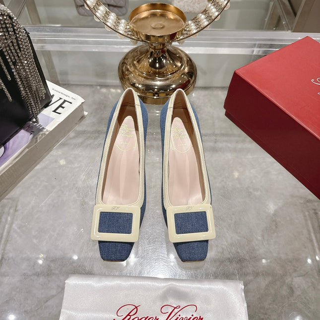 ROGER VIVIER 25S TROMPETTE BALLERINAS 45MM IN BLUE DENIM