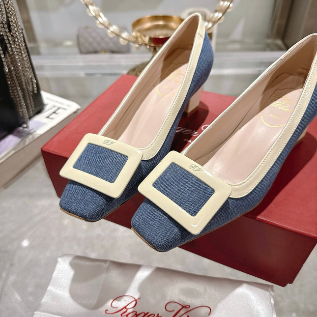 ROGER VIVIER 25S TROMPETTE BALLERINAS 45MM IN BLUE DENIM