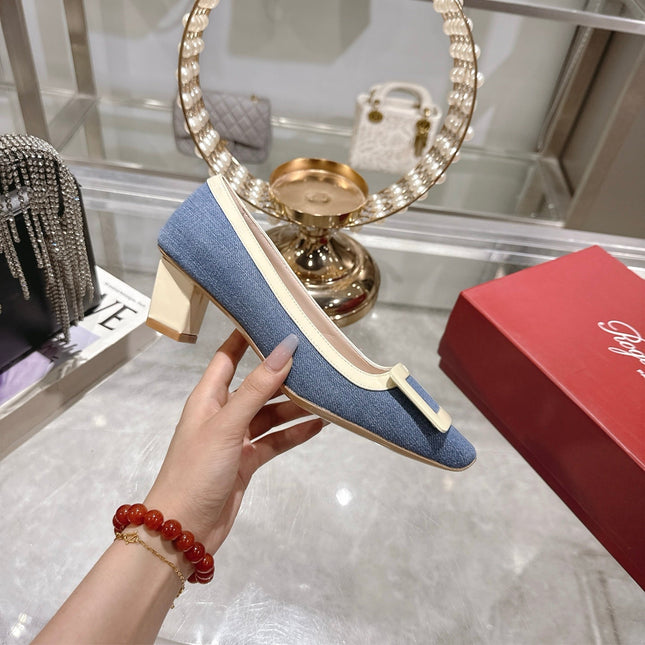 ROGER VIVIER 25S TROMPETTE BALLERINAS 45MM IN BLUE DENIM