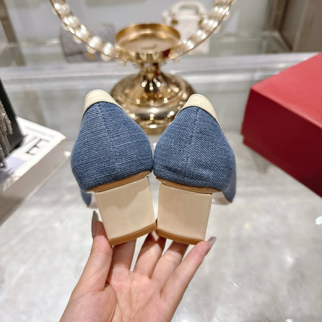 ROGER VIVIER 25S TROMPETTE BALLERINAS 45MM IN BLUE DENIM