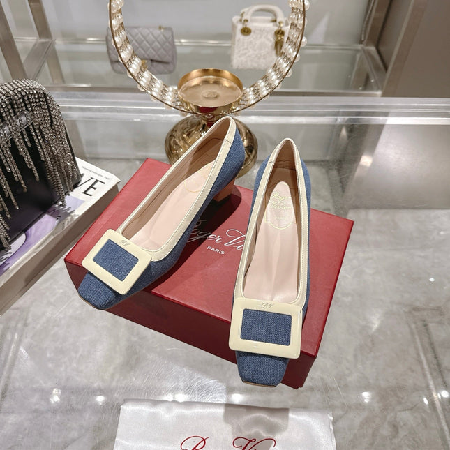 ROGER VIVIER 25S TROMPETTE BALLERINAS 45MM IN BLUE DENIM