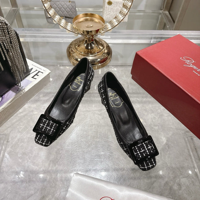ROGER VIVIER 25S TROMPETTE BALLERINAS 45MM IN BLACK TWEED