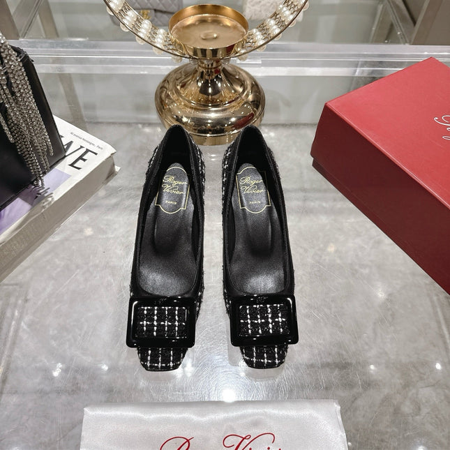 ROGER VIVIER 25S TROMPETTE BALLERINAS 45MM IN BLACK TWEED