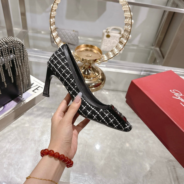 ROGER VIVIER 25S TROMPETTE BALLERINAS 75MM IN BLACK TWEED