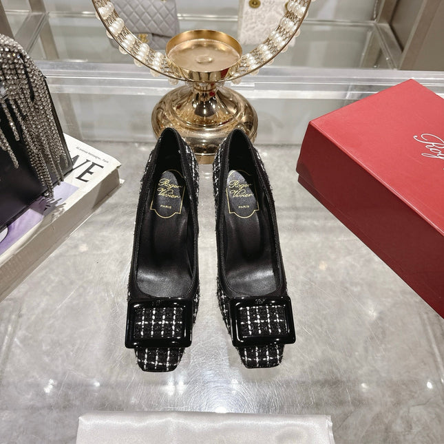 ROGER VIVIER 25S TROMPETTE BALLERINAS 75MM IN BLACK TWEED