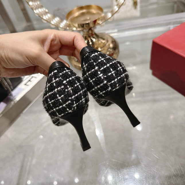 ROGER VIVIER 25S TROMPETTE BALLERINAS 75MM IN BLACK TWEED