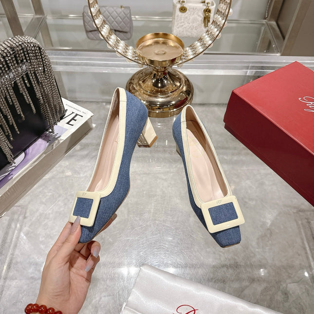 ROGER VIVIER 25S TROMPETTE BALLERINAS 45MM IN BLUE DENIM