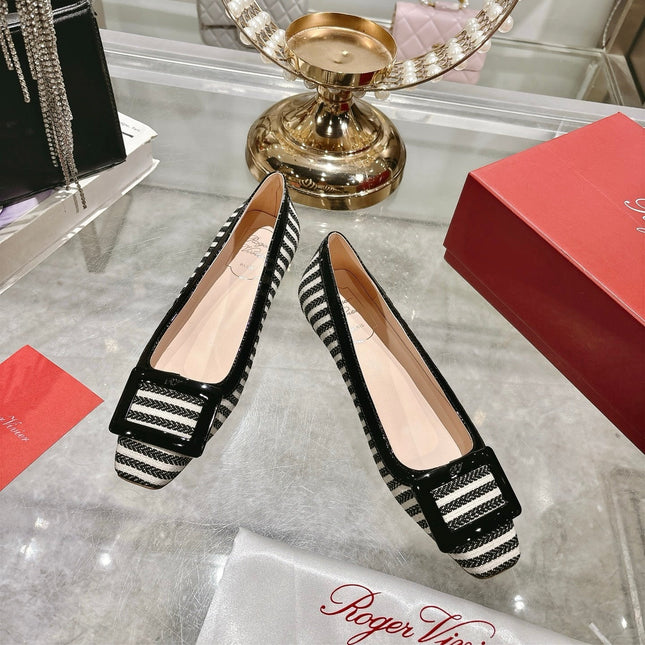 ROGER VIVIER 25S TROMPETTE BALLERINAS 25MM IN BLACK PLAID PATTERN CANVAS