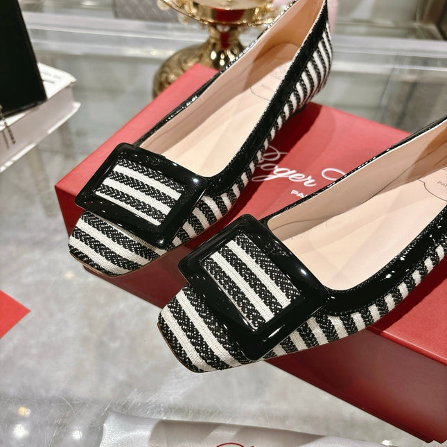 ROGER VIVIER 25S TROMPETTE BALLERINAS 25MM IN BLACK PLAID PATTERN CANVAS