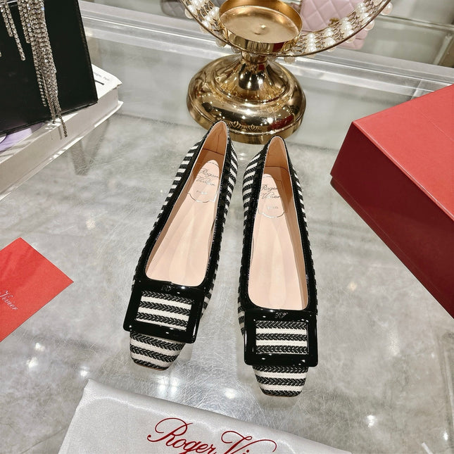 ROGER VIVIER 25S TROMPETTE BALLERINAS 25MM IN BLACK PLAID PATTERN CANVAS